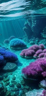 Vibrant underwater coral scene with purples and blues.