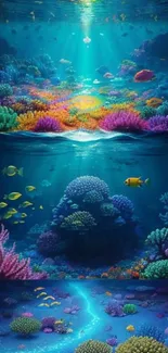 Colorful underwater coral reef with tropical fish and vibrant scenery.