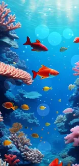 Vibrant underwater scene with corals and tropical fish.