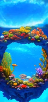 Vibrant underwater coral scene with colorful marine life and blue ocean.