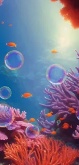 Vibrant underwater scene with colorful corals and fish.