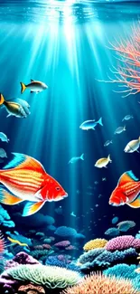 Vibrant underwater scene with colorful coral and exotic fish.