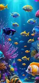 An underwater scene with colorful fish and vibrant corals.