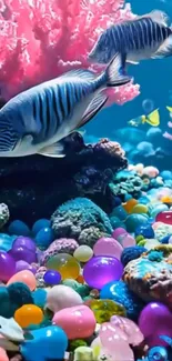 Vibrant underwater scene with colorful coral and fish.