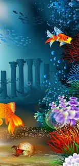 Vibrant underwater scene with colorful fish and corals.