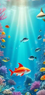 Vibrant underwater scene with corals and tropical fish.