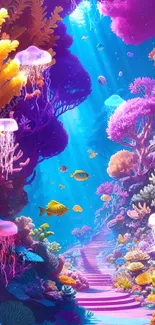 Colorful underwater coral reef scene with tropical fish.