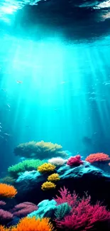 Underwater scene with colorful corals and sunlit water, perfect for phone wallpaper.