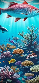 Vibrant underwater scene with colorful coral and diverse fish.