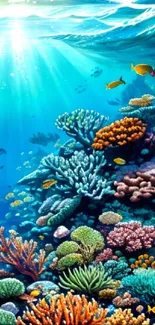 Vibrant underwater coral reef with diverse marine life and ocean light.