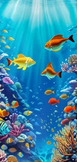 Vibrant underwater coral scene with colorful fish swimming.