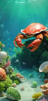 Colorful crab amidst corals and seashells underwater.