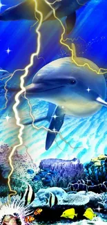 Dolphin swims amidst vibrant underwater scene with electric lightning.