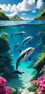 Beautiful underwater scene with dolphins and colorful coral reef.