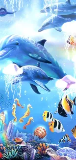 Vibrant underwater scene with dolphins and colorful fish.