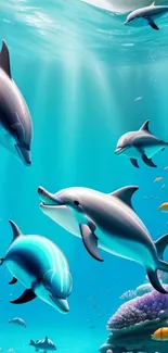 Colorful underwater scene with dolphins and corals.