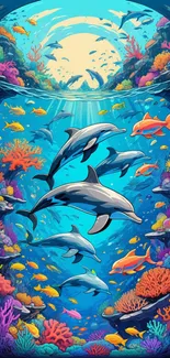 Dolphins swimming beneath vibrant coral reefs in an ocean scene.