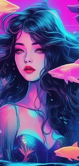 Colorful fantasy art of woman with fish in a vibrant underwater scene.