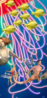 Mermaids and fish with neon coral and jellyfish in underwater fantasy art.