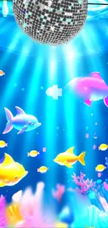 Vibrant underwater scene with colorful fish and a disco ball.