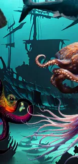 Colorful underwater fantasy with octopuses.