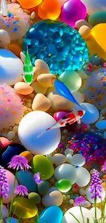 Colorful fish swimming over vibrant stones.