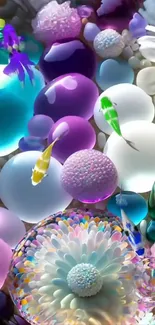 Colorful abstract underwater fantasy art with fish and bubbles.