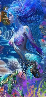 Mystical mermaid in vibrant blue underwater fantasy scene.