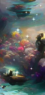 Vibrant underwater fantasy scene with colorful corals and ethereal light.