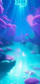 Fantasy underwater scene with blue waters and purple trees.