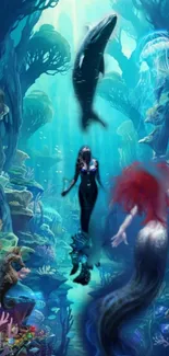 Mystical mermaids and whale in vibrant ocean fantasy wallpaper.