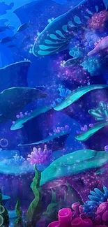 Vibrant underwater fantasy art wallpaper with colorful corals and ocean life.