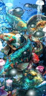 Vibrant fish and jellyfish art in a blue underwater scene.