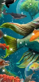 Colorful fish and coral underwater art wallpaper.