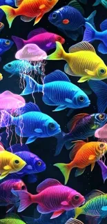 Colorful fish and jellyfish in vibrant neon underwater art.