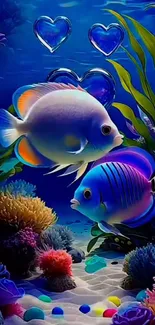 Colorful fish and hearts underwater illustration.