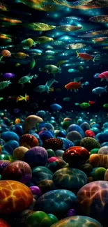 Vibrant fantasy underwater world with colorful fish and stones.