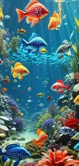 Colorful fish swimming in vibrant coral reef.