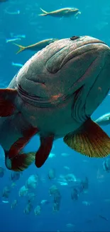 Close-up image of a large fish swimming underwater surrounded by smaller fish.