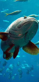 Large fish swimming underwater in a blue ocean with a school of fish.