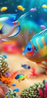 Colorful fish swimming in vibrant coral underwater scene wallpaper.