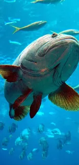 Underwater scene with a large fish and a vibrant blue ocean background.