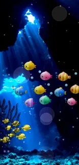 Colorful cartoon fish swim in a vibrant, cavernous underwater scene of blue.