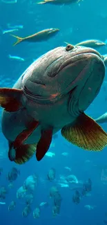 Vibrant underwater scene featuring a fish swimming in blue ocean waters.