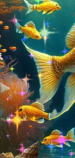 Vibrant underwater scene with golden fish and corals.