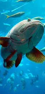 Underwater scene with large fish swimming among smaller fish.