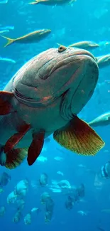 Underwater scene with a large fish swimming among others in vibrant blue waters.