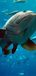 A large fish swims underwater with other marine life in the background.