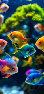 Vibrant and colorful underwater fish scene with a variety of tropical fish.