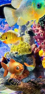 Colorful fish swim in a lively underwater scene.